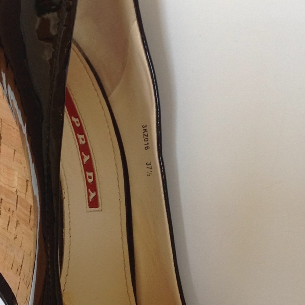 Prada Peep Toe Patent Leather Cork Wedge Pump - Picture 6 of 8